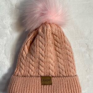 Soft Pink Cable Knit Pom-Pom Hat